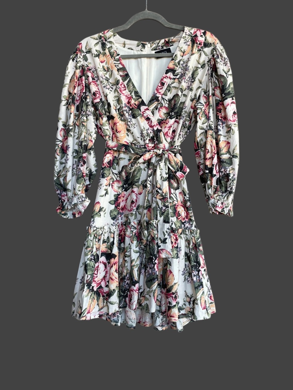 VICI Cream Pink Green Orange Floral Printed Linen V Neck Mini Wrap Dress